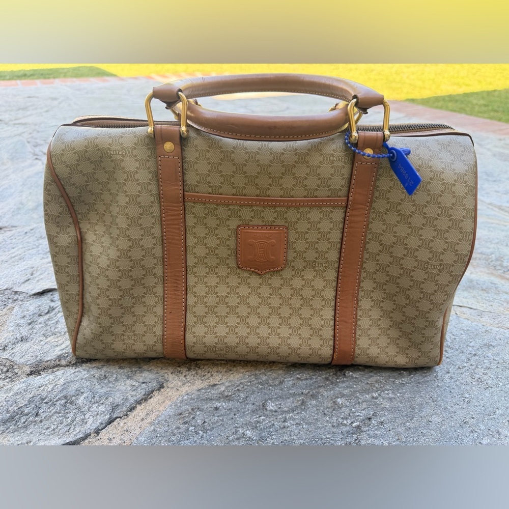 Authentic Celine Tan Canvas & Brown Leather Clutch or small Boston Duffel Bag